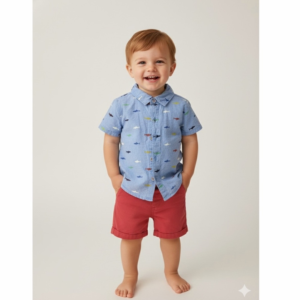 Little Lad Shark Print Shirt & Red Shorts‎ 2pc Outfit Set 18M Baby Boy